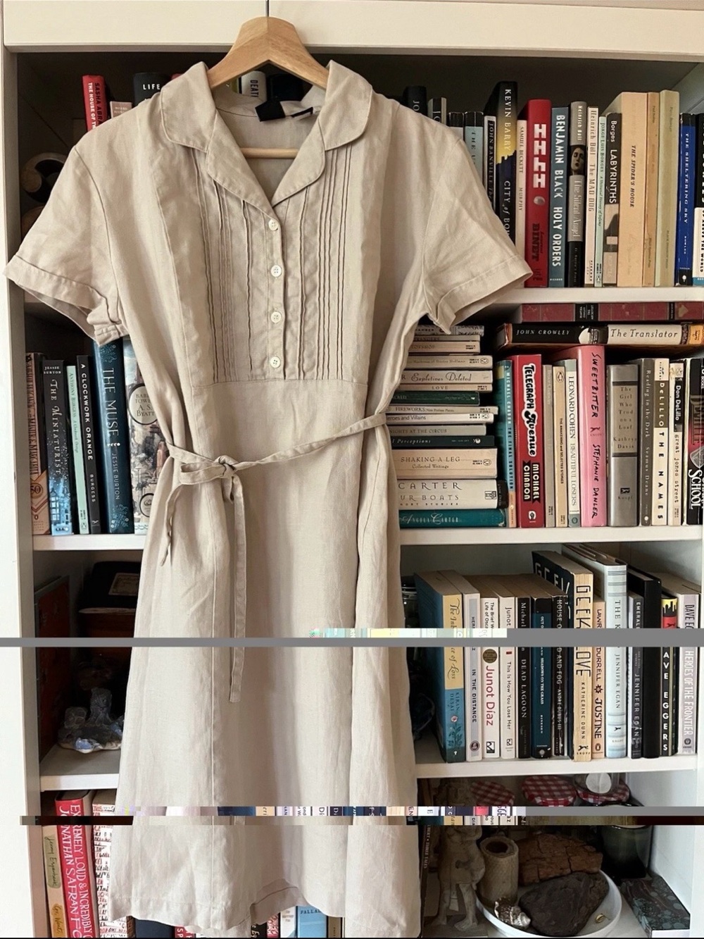 GAP Cream Linen Pintuck Dress with Tie Waist Twee Preppy